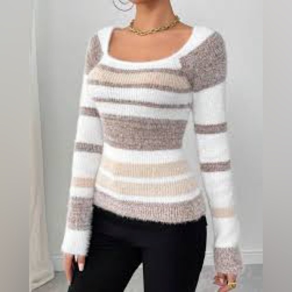 unknown Sweaters - Striped Knit Sweater - Brown and Cream